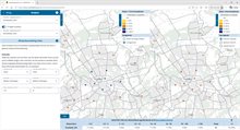 Voorbeeld van twee uitgangsscenario's naast elkaar om het aandeel verplaatsingen binnen een gekozen afstand per modaliteit te vergelijken