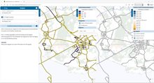 een printscreen met daarop een kaart met per wegvak de verhouding tussen de snelheid in de spits ten opzichte van de freeflow-situatie en een kaart waarbij de snelheden kunnen worden vergeleken met een ander scenario