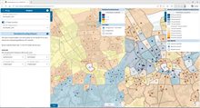 Een voorbeeld van twee uitgangsscenario's naast elkaar om de reistijdverhouding tussen OV en auto van een geselecteerde zone te kunnen vergelijken
