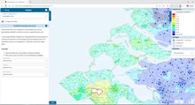 Voorbeeld van de gemiddelde snelheid in km per uur voor de auto waarmee een geselecteerde zone bereikbaar is vanuit de andere zones