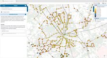In dit voorbeeld zijn de reistijdisochronen te zien van het openbaar vervoer netwerk