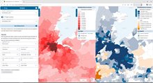 Voorbeeld van twee uitgangsscenario's naast elkaar om de bereikbaarheid tussen verschillende modaliteiten te kunnen vergelijken