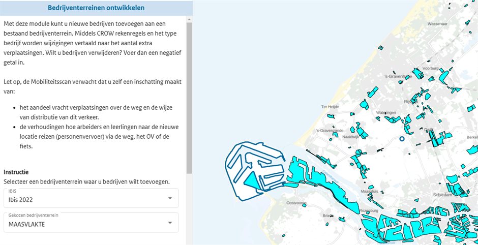 Screenshot van de selectiemogelijkheden voor bedrijventerrein